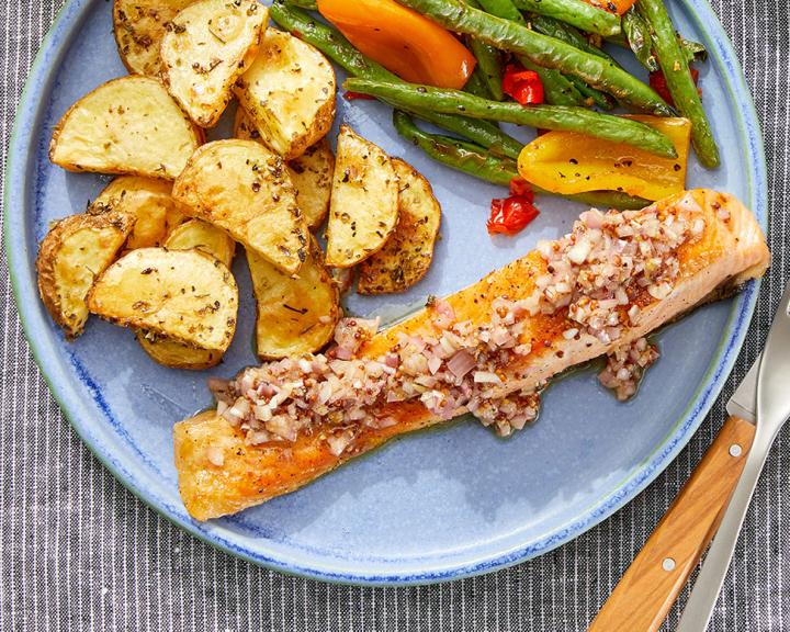 Seared Salmon & Shallot-Dijon Vinaigrette with Roasted Potatoes & Sautéed Vegetables