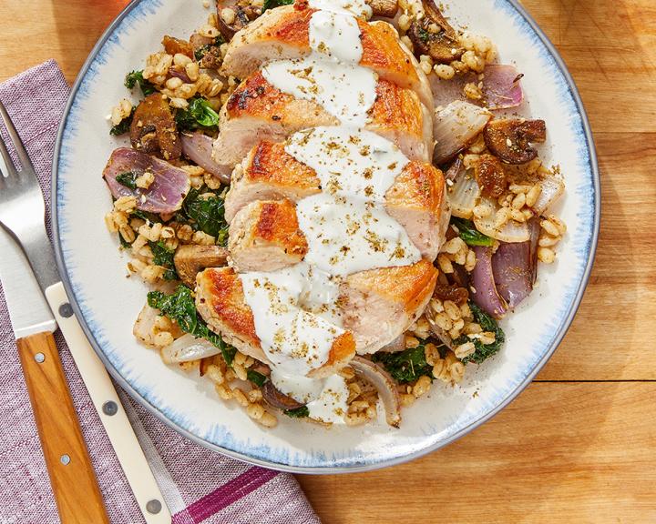Seared Pork Chops & Cucumber Yogurt with Za’atar Vegetable Barley