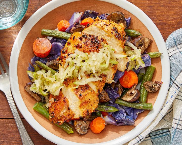 Togarashi Chicken & Orange Glaze with Miso-Roasted Vegetables & Marinated Pear