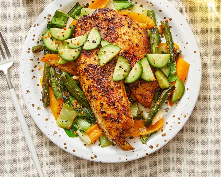 Togarashi Tilapia & Marinated Cucumber with Miso Stir-Fried Vegetables