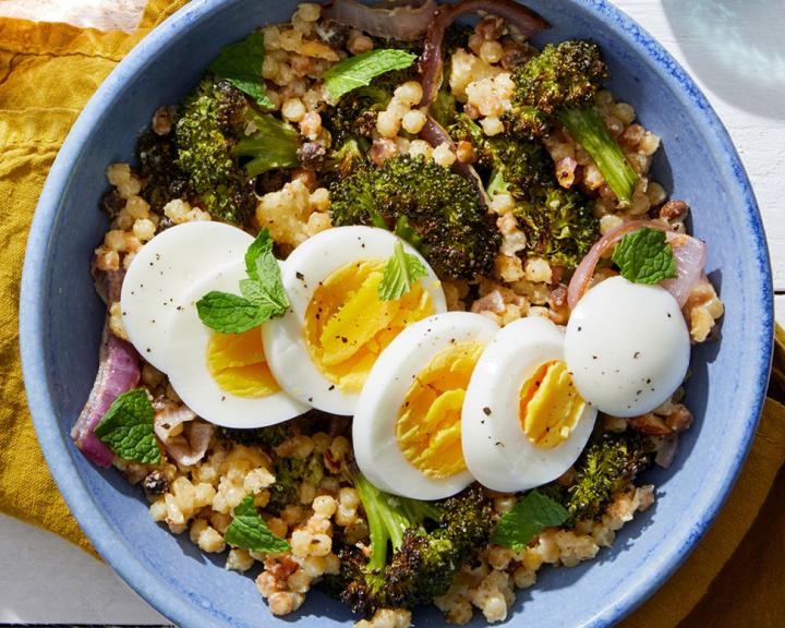 Roasted Broccoli & Fregola Sarda with Hard-Boiled Eggs & Tahini Dressing