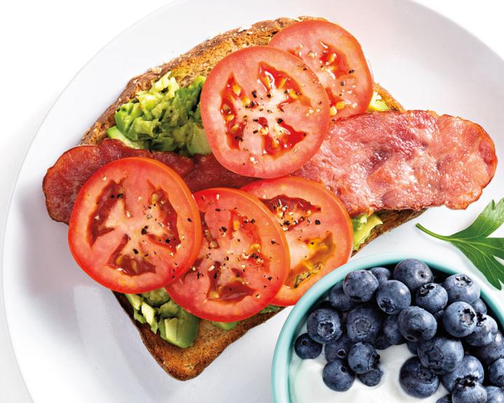 Avocado Toast with Turkey Bacon and Tomato