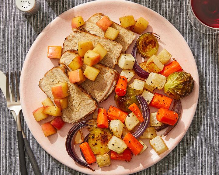 Spiced Pork & Glazed Apple with Roasted Vegetables