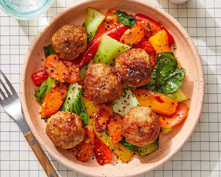 Orange & Ponzu-Glazed Turkey Meatballs with Stir-Fried Vegetables and Furikake