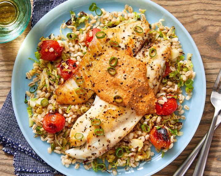 Tilapia & Creamy Romesco Sauce with Barley, Tomatoes, and Brussels Sprouts