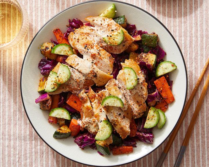 Togarashi Vegetables Chicken Thighs with Creamy Ponzu Ranch Dressing