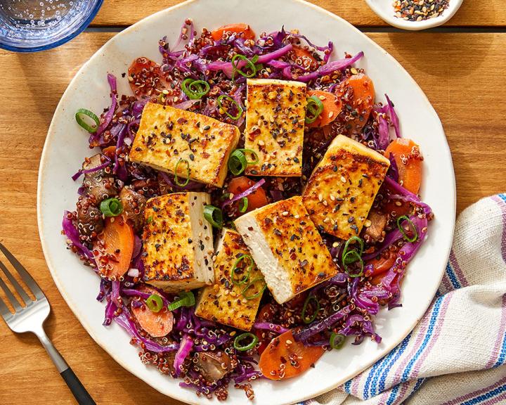 Sesame & Maple-Glazed Tofu with Vegetable Quinoa and Furikake