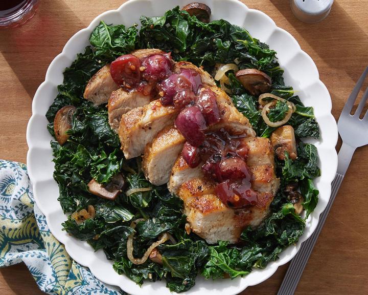 Tuscan-Spiced Pork & Grape Agrodulce with Kale and Mushrooms