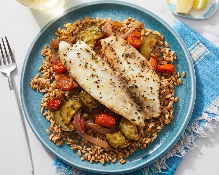 Veracruz-Style Tilapia & Farro with Zucchini, Tomatoes, and Pickled Jalapeño