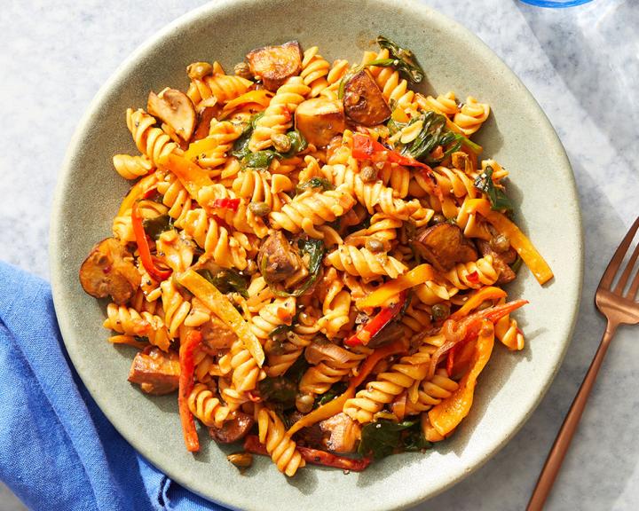 Chickpea Pasta & Calabrian Tomato Sauce with Mushrooms, Spinach, and Peppers