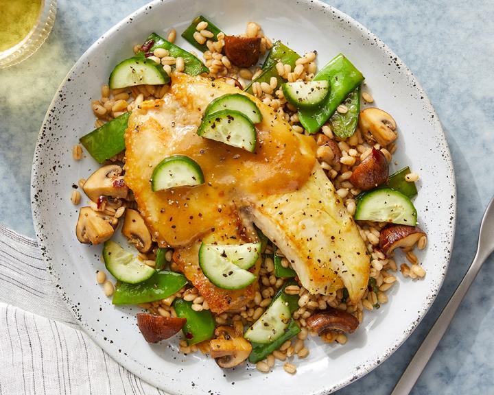 Sweet & Savory Glazed Tilapia over Barley, Snow Peas, and Mushrooms