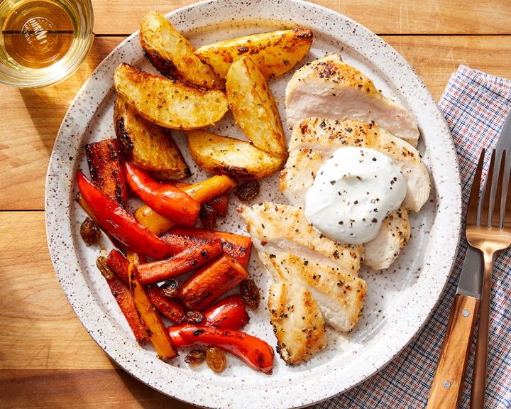 Seared Chicken & Goat Cheese Sauce with Roasted Potatoes and Carrot-Pepper Agrodulce