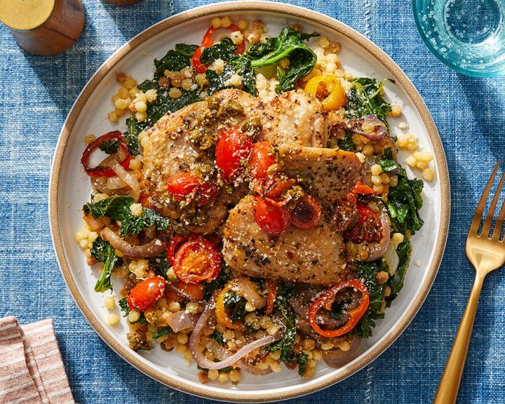 Oregano Chicken Thighs & Fregola Sarda with Tomato-Caper Pan Sauce