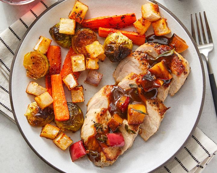 Seared Pork & Roasted Vegetables with Apple and Sage Pan Sauce