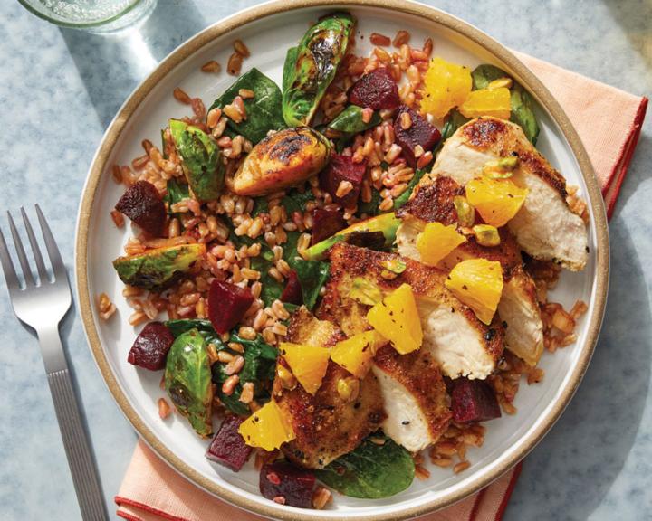 Dukkah-Spiced Chicken & Orange Salsa with Brussels Sprout, Spinach, and Beet Farro