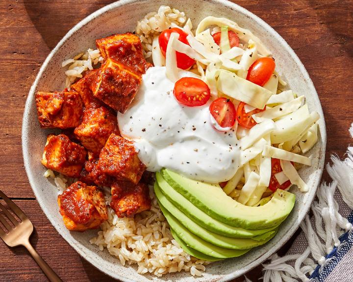 Spicy Chipotle Tofu & Rice Bowls with Avocado and Marinated Vegetables