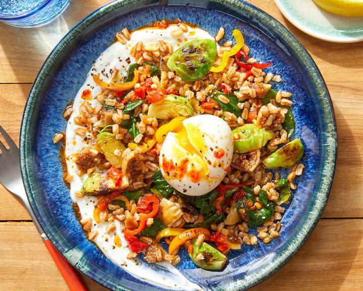 Mediterranean Farro Bowls with Lemon Yogurt and Chili Oil