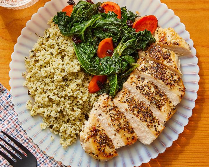 Italian-Style Chicken & Couscous with Carrots, Currants, and Kale