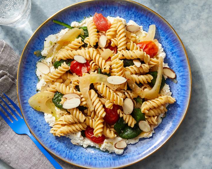 Chickpea Pasta & Seasoned Ricotta with Caramelized Fennel and Onion