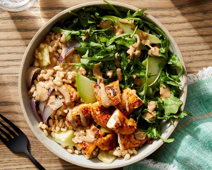 Tahini-Balsamic Chicken Bowls with Barley, Arugula, and Pear