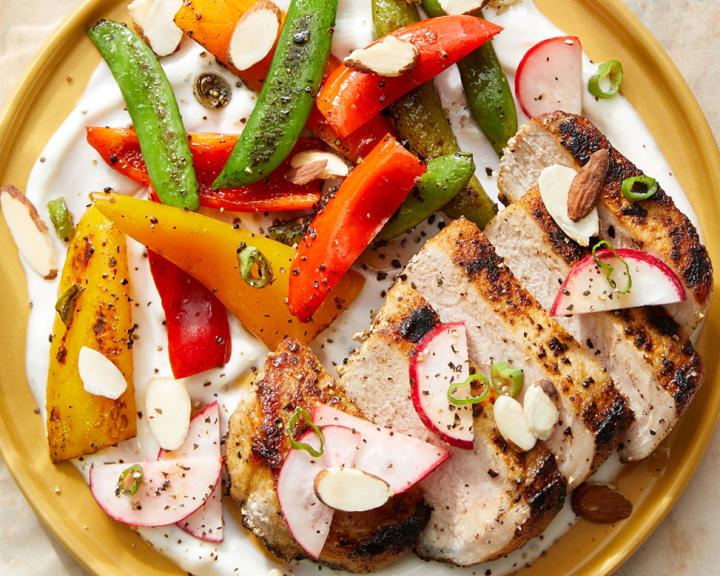 Pork Chops & Preserved Lemon Yogurt with Sautéed Vegetables