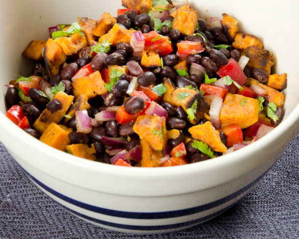 A bowl of black bean and peach salsa