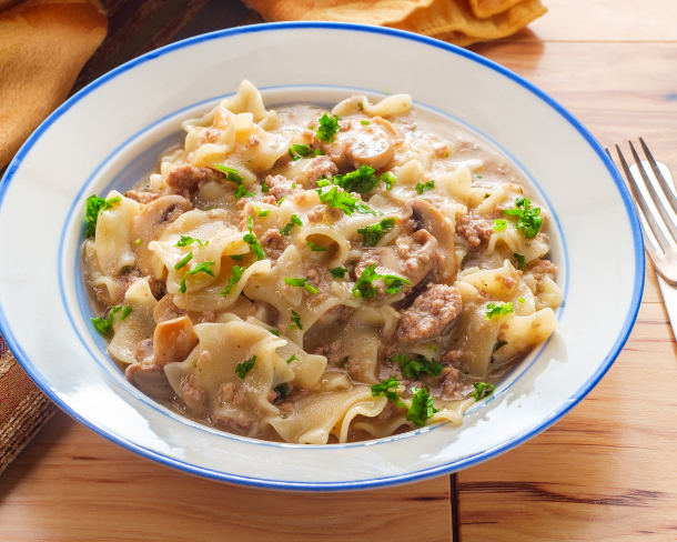 A bowl of diabetes-friendly beef stroganoff