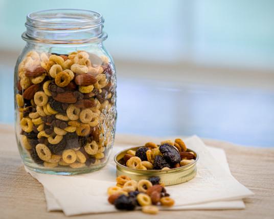 A jar and sample of power snack mix recipe