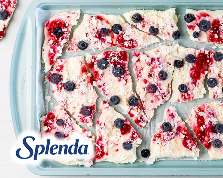 A sheet pan of frozen yogurt bark with berries