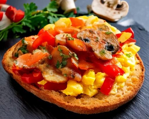 whole wheat breakfast pizza with eggs, mushrooms, and peppers