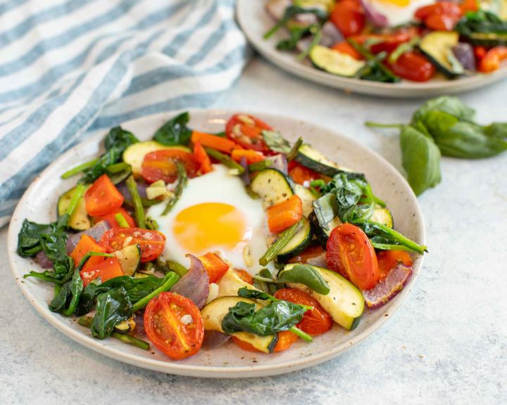 Baked Eggs with Roasted Spring Vegetables