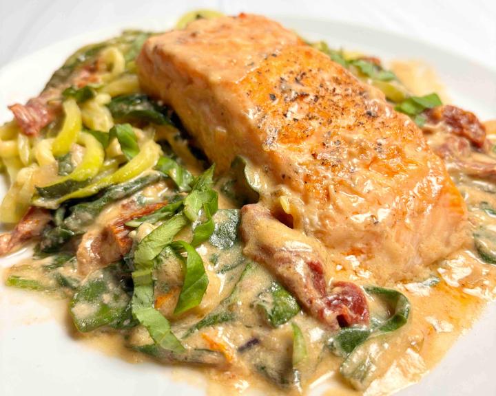 Salmon in Sun-Dried Tomato Sauce over Zucchini Noodles