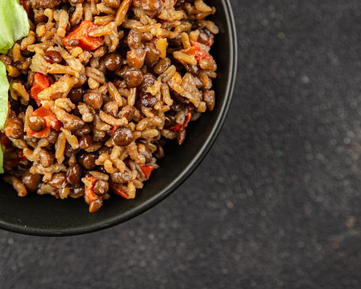 Cuban black beans and rice dish with lettuce.