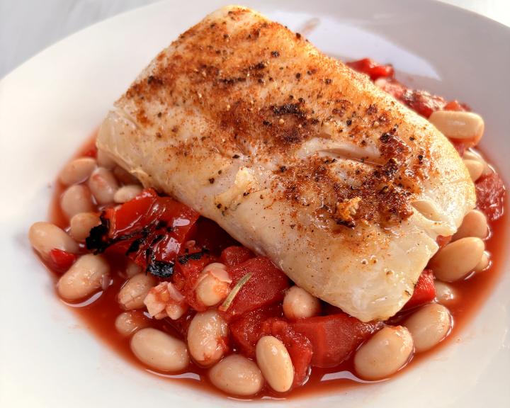 Cod with Roasted Peppers and White Beans