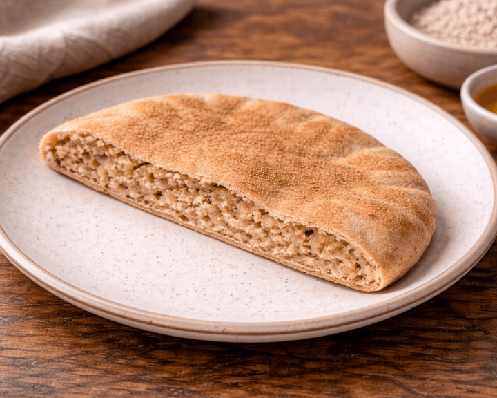Whole-grain flatbread on a plate, showing its textured interior. Grains and olive oil nearby.