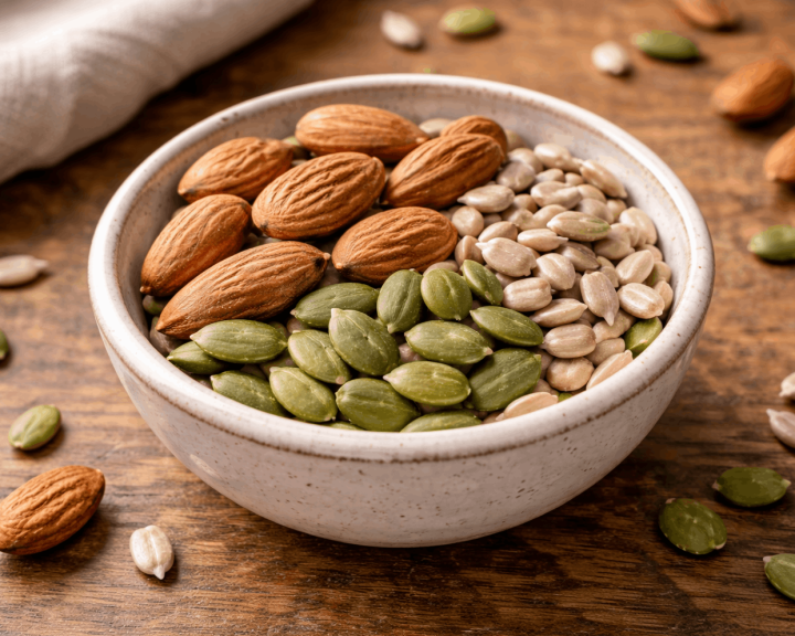 Bowl with almonds, green pumpkin seeds, and sunflower seeds on wood.