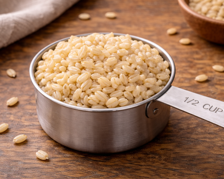 cooked brown rice in a 1/2 cup stainless steel measuring cup