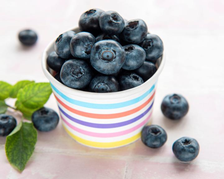 1 cup of blueberries in a brightly stripe colored container