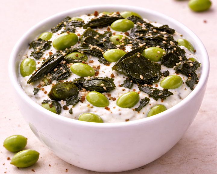 white bowl with sweet and savory seaweed edamame yogurt