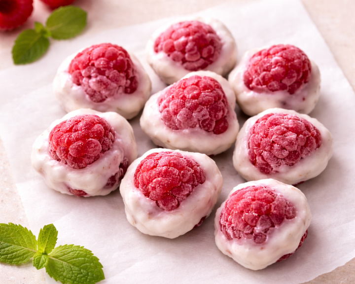 Gluten-free frozen raspberry yogurt clusters on parchment paper