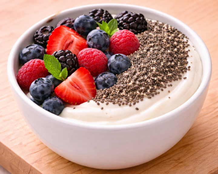 Mixed Berry Chia Yogurt in white bowl