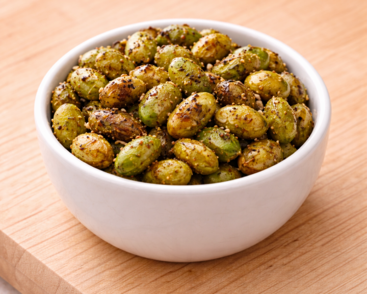 Roasted edamame in ceramic bowl