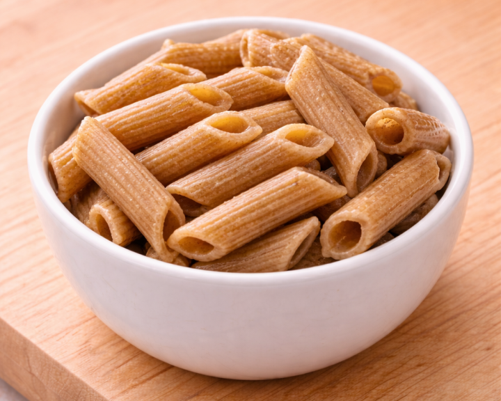 1/2 cup of whole grain penne pasta in small white bowl on brown cutting board