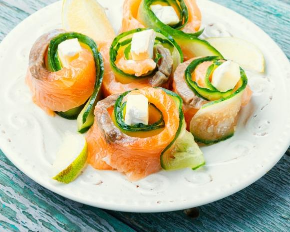 Photograph of salmon and cucumber rolls.