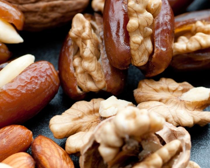 Dates, shelled walnuts, and almonds.