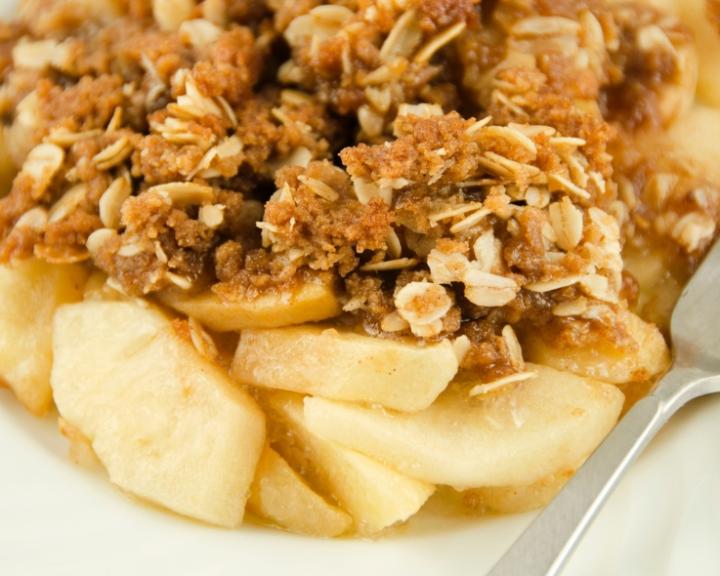 Apple and pear crisp with a golden oat crumble topping.
