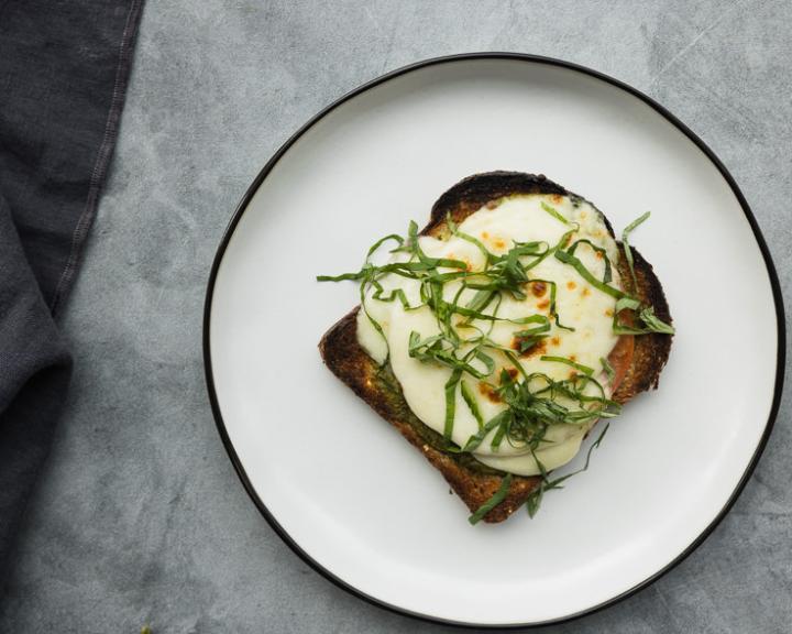One slice of broiled tomato and cheese toast