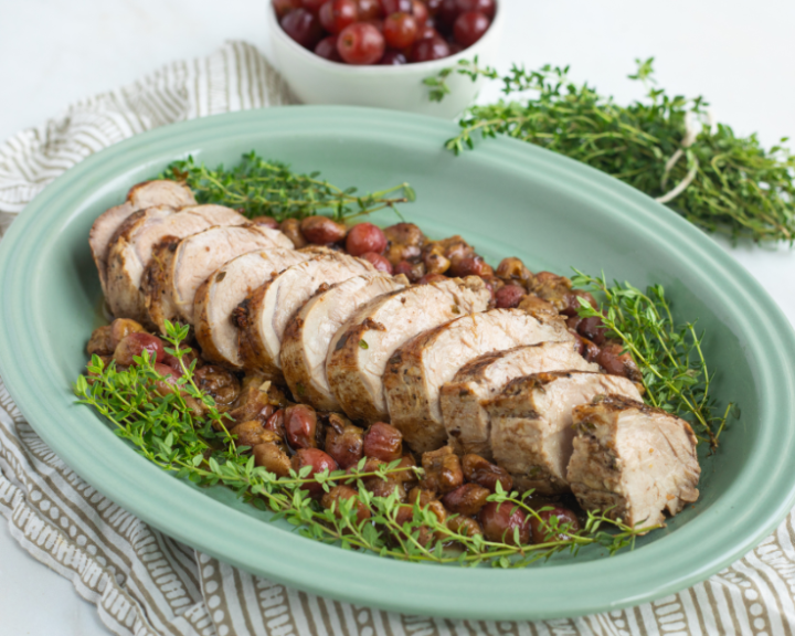 Roasted Pork Tenderloin with Thyme & Garlic Marinade and Balsamic Roasted Grapes