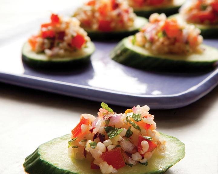 Bulgur, Mint, And Tomatoes On Cucumber Rounds