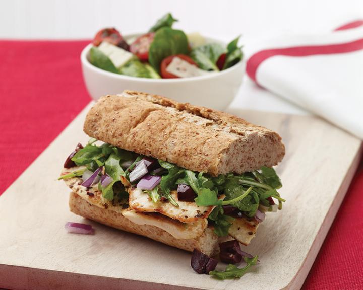 Grilled Chicken Sandwich With Olive Arugula Topping